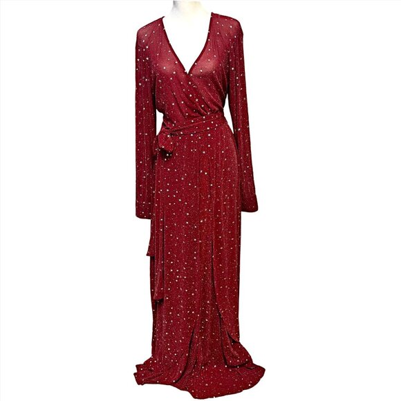 Unique Vintage Red & Silver Stars Farrah Maxi Dress V-Neck Sheer Holiday Gown - Picture 4 of 10